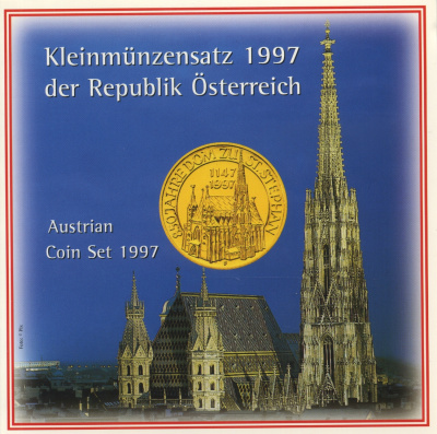 Австрия набор из 6 монет 1997 10, 50 грошей, 1, 5, 10, 20 шиллингов 850 лет кафедральному собору святого Стефана, официальный набор, в картонном буклете KM MS 6 UNC 1-6-4-23