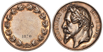 ФРАНЦИЯ МЕДАЛЬ 1870 НАПОЛЕОН III, по-видимому заготовка для награждения, вес 73,2 гр., диаметр 51 мм латунь? 05-124-11