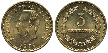 Сальвадор 3 сентаво 1974 год тип, Франсиско Морасан KM 148 никель-латунь UNC M21-10