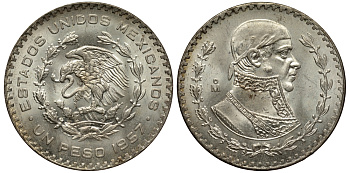 Мексика 1 песо 1957 Хосе Мария Морелос KM 459 серебро UNC 107-823