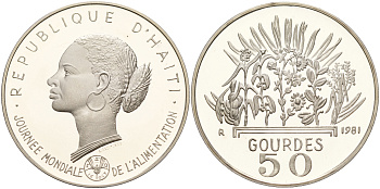 Гаити 50 гурдов 1981 50 лет FAO, голова женщины KM 149 серебро PROOF 1066-1-55