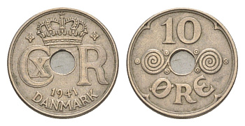 Фарерские острова 10 эре 1941 Кристиан X (1912-1947), датские территории KM 4 медно-никель 3711-1722