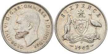 Австралия 6 пенсов 1942 S, Георг V (1936-1952) KM 38 серебро 4623-229