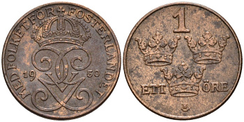 Швеция 1 эре 1950 Густав V (1907-1950) KM 777.2 бронза 4588-1068