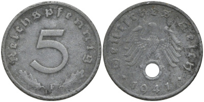 Германия 5 рейхспфеннигов 1941 F, монетный двор Штутгарт KM 100, J. 370 цинк 186-743