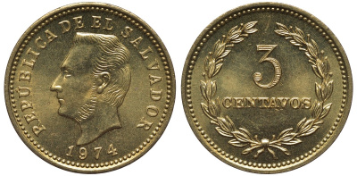 Сальвадор 3 сентаво 1974 год тип, Франсиско Морасан KM 148 никель-латунь UNC M21-10