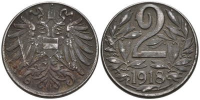 Австрия 2 геллера 1918 KM 2824 железо 4567-321