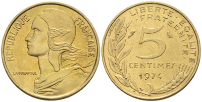 Франция 5 сантимов 1974 тип Марианна KM 933 никель алюминий медь    4594-1131
