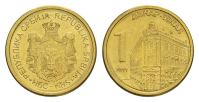 Сербия 1 динар 2011 KM 54 сталь плакированная латунью UNC 4647-137