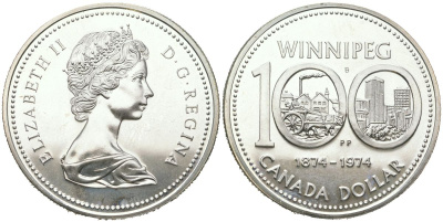 Канада 1 доллар 1974 100 лет городу Виннипег KM 88a серебро UNC 4368-734