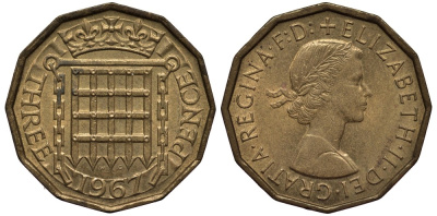 Великобритания 3 пенса 1967 Елизавета II (1952-2022) KM 900, Spink 4153 никель латунь 4538-1135