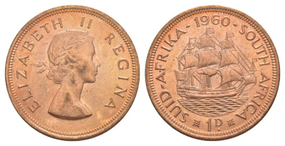 ЮАР 1 пенни 1960 Елизавета II (1952-2022), парусник KM 46 бронза UNC 36-221