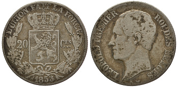 БЕЛЬГИЯ 20 САНТИМОВ 1853 BELGES, W/O PERIODS KM 19 серебро 3896-924