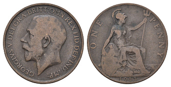 Великобритания 1 пенни 1913 Георг V (1910-1936) KM 810, Spink 4051 бронза 4661-523