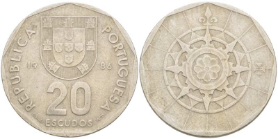 ПОРТУГАЛИЯ 20 ЭСКУДО 1986 INCM KM 634.1 медно-никель 217-1026