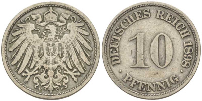 ГЕРМАНИЯ 10 ПФЕННИГОВ 1898 F KM 12, J. 13 медно-никель 4401-1044