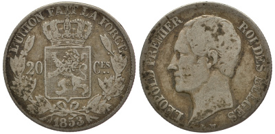 БЕЛЬГИЯ 20 САНТИМОВ 1853 BELGES, W/O PERIODS KM 19 серебро 3896-924