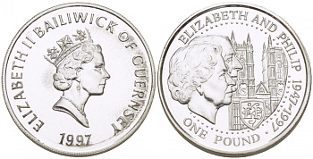 Гернси 1 фунт 1997 Елизавета и Филлип, золотая свадьба KM 70 серебро UNC 650-313