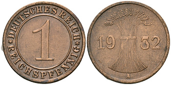 Германия 1 рейхспфенниг 1932 A KM 37, J. 313 бронза 4189-1153