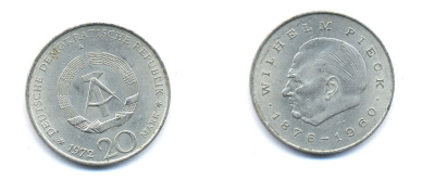 ГДР 20 марок 1972 А, Вильгельм Пик (1876-1960) KM 42 медно-никель 3333-336