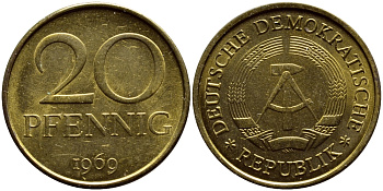 ГДР 20 пфеннигов 1969 А, первый год KM 11 латунь UNC 4397-251
