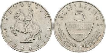 Австрия 5 шиллингов 1980 KM 2889a медно-никель 4579-346