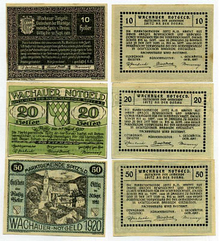 Австрия, Шпиц-ан-дер-Донау набор из 3 банкнот 10, 20, 50 геллеров 1920 30 сентября 1920, нотгельд, земля Нижняя Австрия   бумага  UNC (пресс) 7555-29-3-2