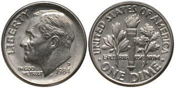 США 10 ЦЕНТОВ = 1 ДАЙМ 1984 D, РУЗВЕЛЬТ KM 195а медь плакированная медно-никелем 4396-244