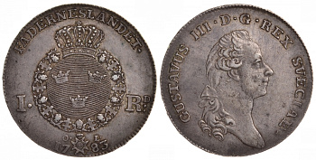 Швеция 1 риксдалер 1783 Густав III (1771-1792) KM 527, Ahlstroem 49; Dav. 1736 серебро 00-804-71