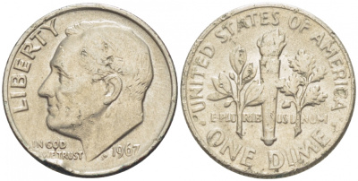 США 10 центов (дайм) 1967 Рузвельт KM 195а медь плакированная медно-никелем 3718-242