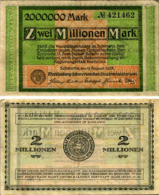 ГЕРМАНИЯ 2000000 МАРОК 1923 17 АВГУСТА 1923, МЕКЛЕНБУРГ-ШВЕРИН, НОТГЕЛЬД бумага 444-96-1