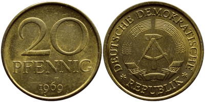 ГДР 20 пфеннигов 1969 А, первый год KM 11 латунь UNC 4397-251