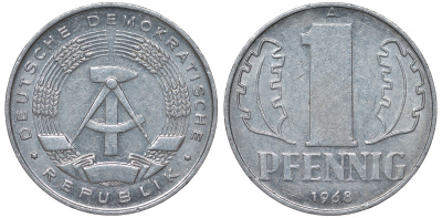 ГДР 1 ПФЕННИГ 1968 А КМ 8.1 алюминий 62-1244