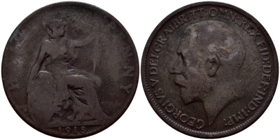 Великобритания 1/2 пенни 1918 Георг V (1910-1936) KM 809, Spink 4056 бронза 51-812