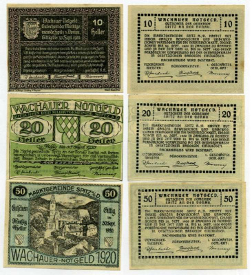 Австрия, Шпиц-ан-дер-Донау набор из 3 банкнот 10, 20, 50 геллеров 1920 30 сентября 1920, нотгельд, земля Нижняя Австрия   бумага  UNC (пресс) 7555-29-3-2