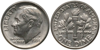 США 10 ЦЕНТОВ = 1 ДАЙМ 1984 D, РУЗВЕЛЬТ KM 195а медь плакированная медно-никелем 4396-244