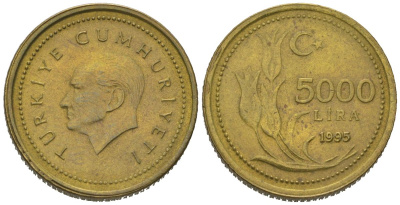 Турция 5000 лир 1995 KM 1029.1 латунь 4115-345