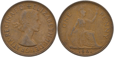 Великобритания 1 пенни 1961 Елизавета II (1952-2022) КМ 897, Spink 4157 бронза 4144-924