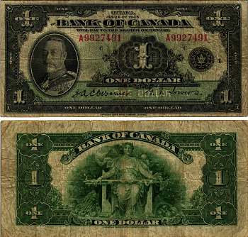 КАНАДА 1 ДОЛЛАР 1935 ГЕОРГ V, АНГЛИЙСКИЙ ТЕКСТ, АГРОКУЛЬТУРА СИДИТ, СЕРИЯ А, БЛОК С Pick 38 бумага 7221-51-3