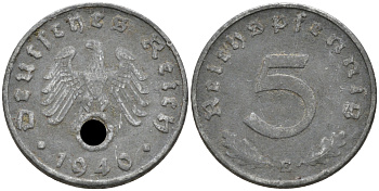 ГЕРМАНИЯ 5 РЕЙХСПФЕННИГОВ 1940 E, KM 100, J. 370 цинк 75-163
