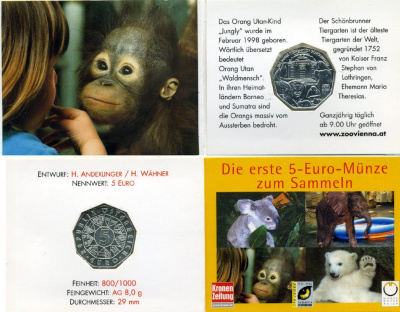 Австрия 5 евро 2002 250 лет Шенбруннскому зоопарку, в оригинальном буклете, орангутан KM 3091 серебро  UNC  7-5-6-41