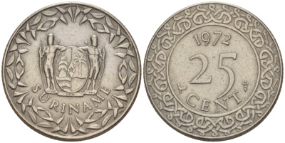 Суринам 25 центов 1972 KM 14 медно-никель 66-341