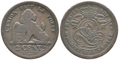 БЕЛЬГИЯ 2 САНТИМА 1834 KM 4.1 медь 34-341