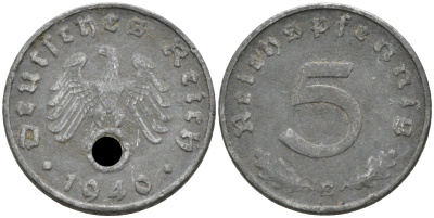 ГЕРМАНИЯ 5 РЕЙХСПФЕННИГОВ 1940 E, KM 100, J. 370 цинк 75-163