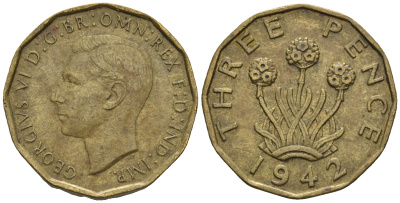 Великобритания 3 пенса 1942 Георг VI (1936-1952) KM 849, Spink 4112 никель латунь 177-727