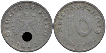 ГЕРМАНИЯ 10 РЕЙХСПФЕННИГОВ 1940 F KM 101, J. 371 цинк 4401-854