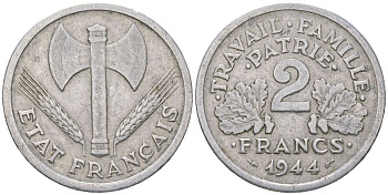 Франция 2 франка 1944 KM 904 алюминий 4616-835