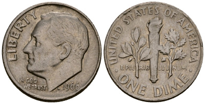 США 10 центов (дайм) 1966 Рузвельт KM 195a медь плакированная медно-никелем 4164-927