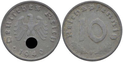 ГЕРМАНИЯ 10 РЕЙХСПФЕННИГОВ 1940 F KM 101, J. 371 цинк 4401-854