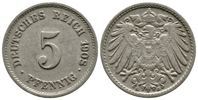 Германия 5 пфеннигов 1908 G KM 11, Jager 12, Weege 6 медно-никель 4364-133